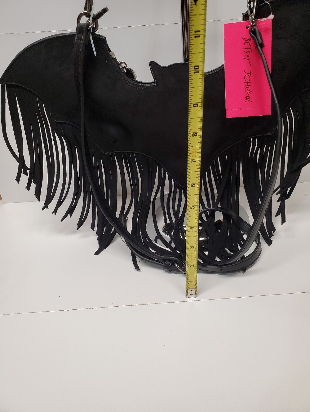 Betsey Johnson Faux Suede Fringe Bat-Shaped Crossbody Bag Zip W Detachabke Strap - Picture 4 of 6